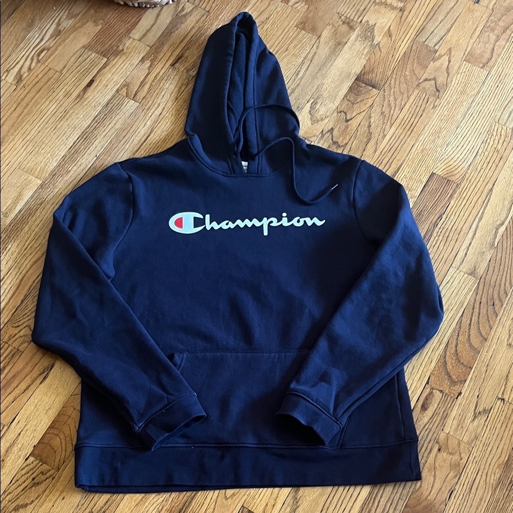 Champion Navy Blue Script Logo Pullover Hoodie